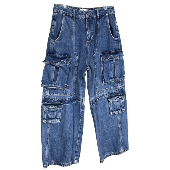 Zara Womens 6 Baggy Hi Rise Wide Leg Utility Multi Pocket Cargo Blue Denim - Picture 7 of 16